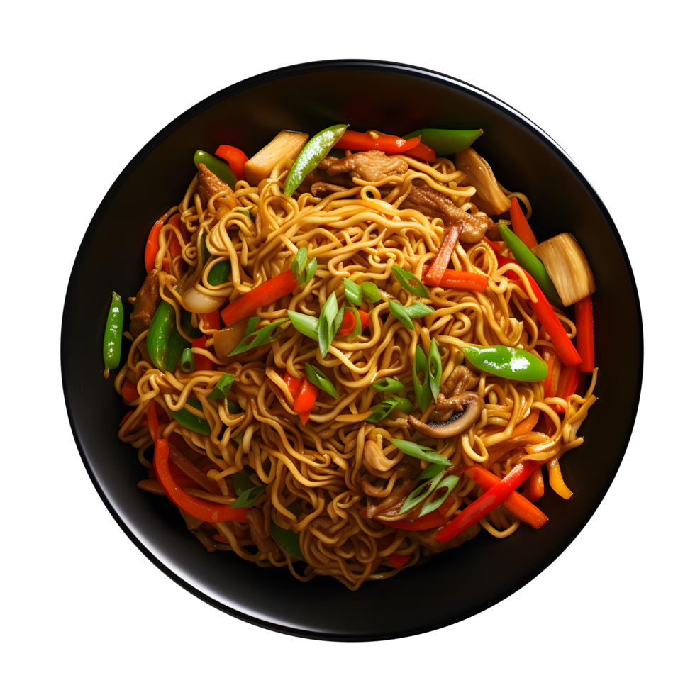 chinese noodles in a black bowl on a transparent background png