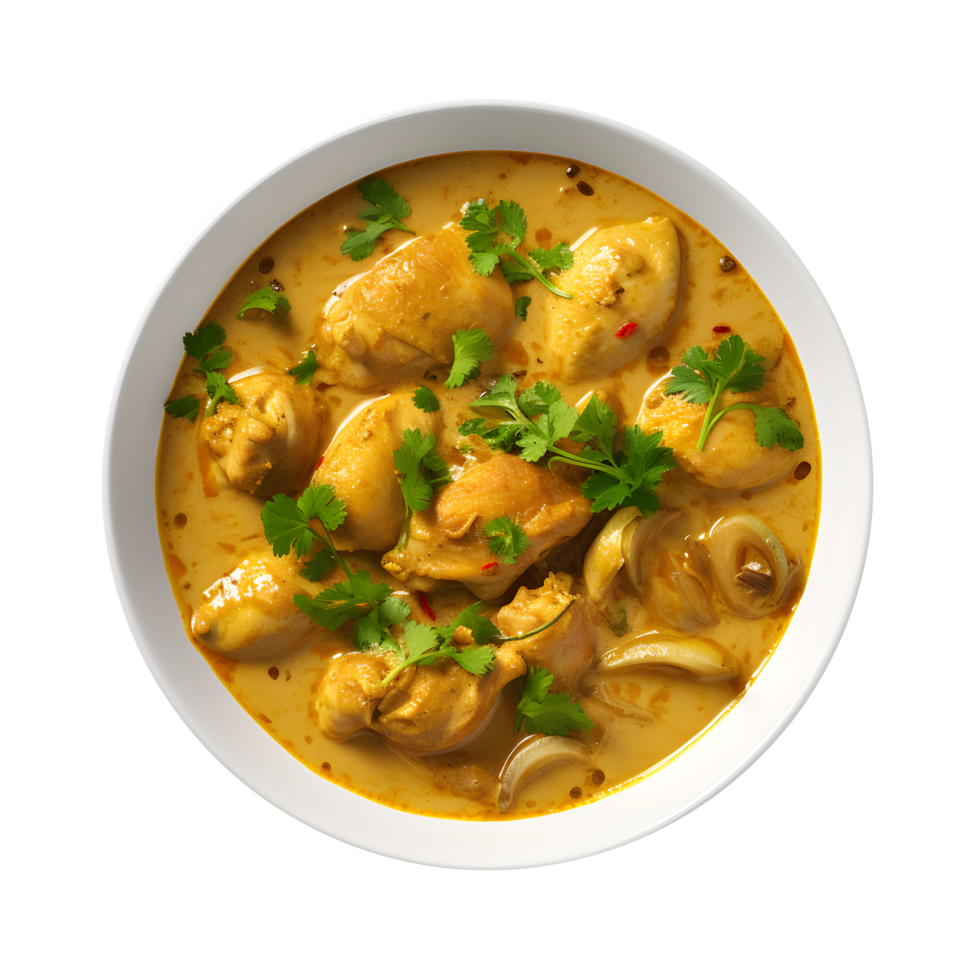 chicken curry with mushrooms and herbs in a white bowl png