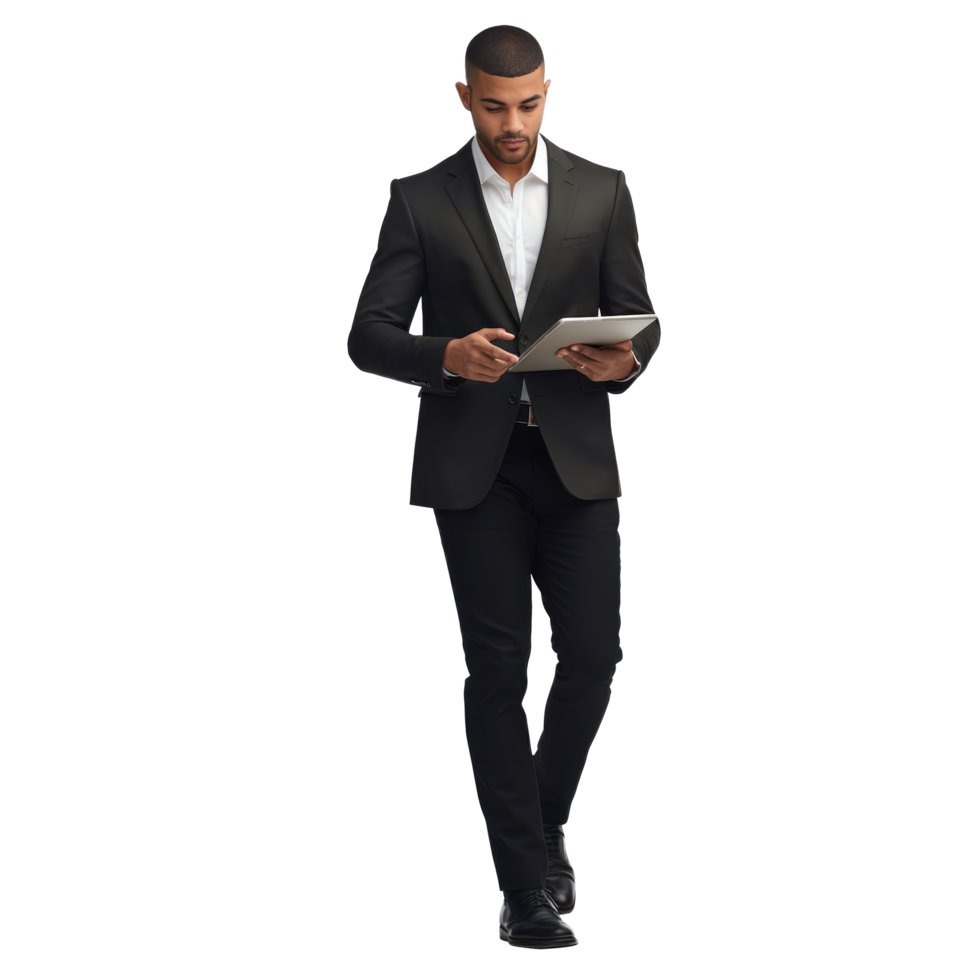 A man in a suit is standing with a tablet png
