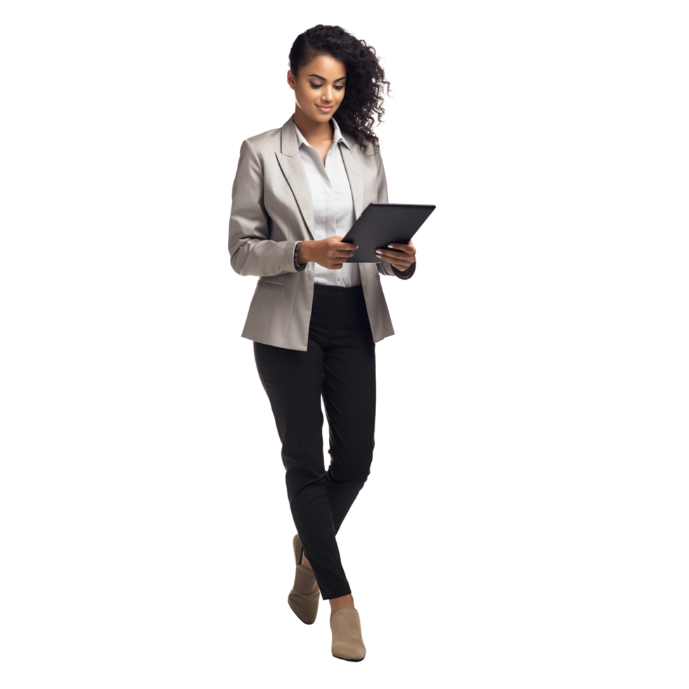 A woman in a business suit holding a tablet png