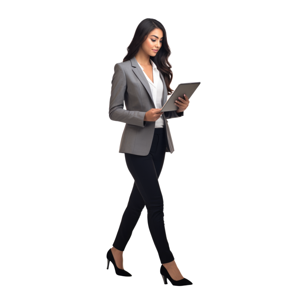 A woman in a business suit is walking and holding a tablet png