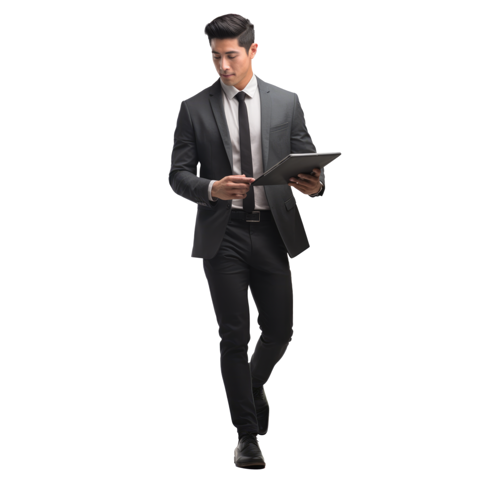 A man in a suit and tie is holding a laptop png