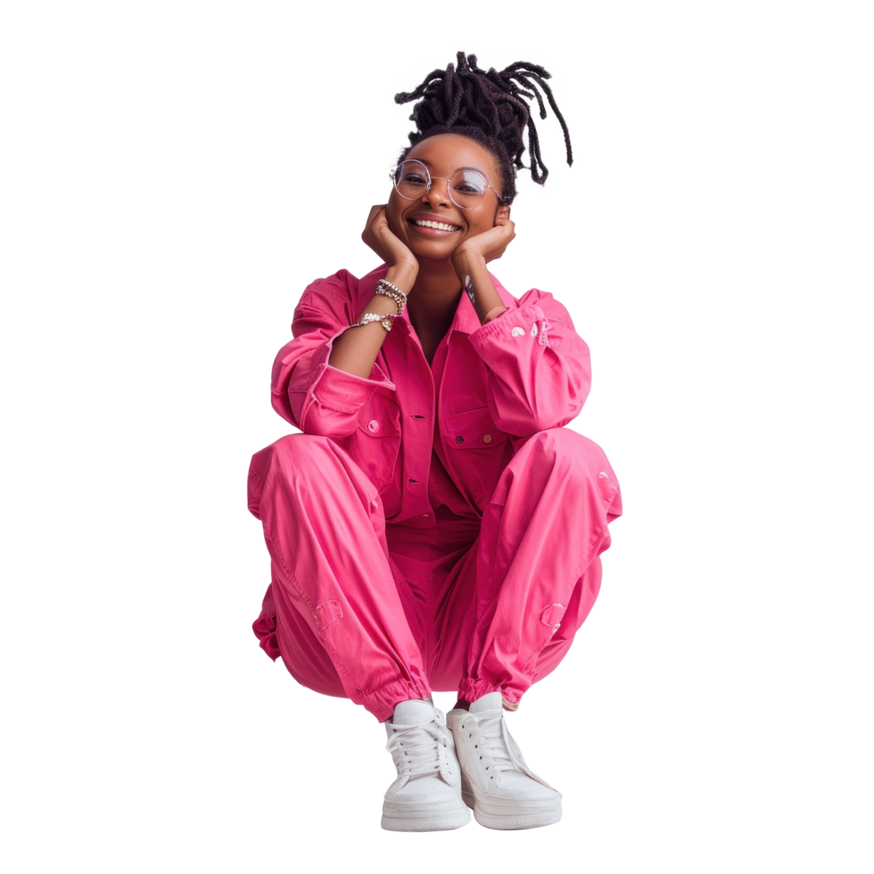 A woman in pink jumpsuit sitting on the floor png