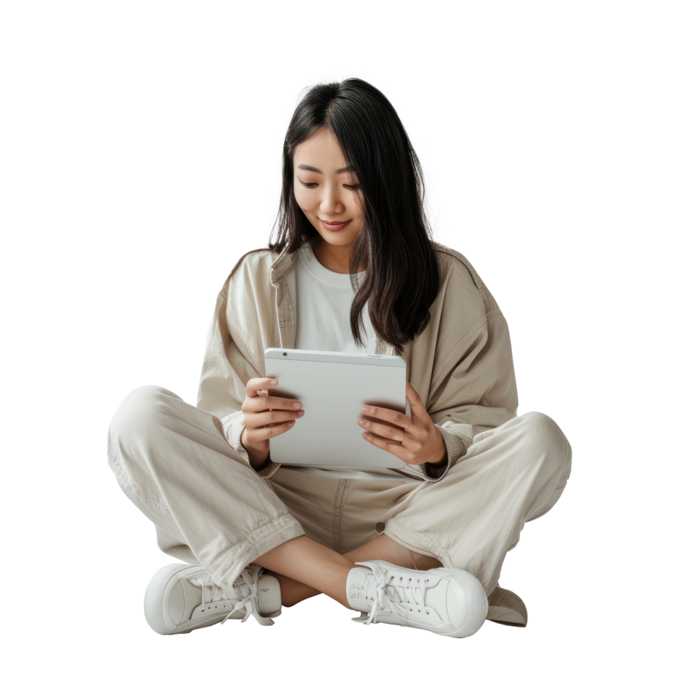 A woman sitting on the floor with a tablet png