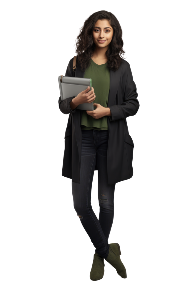 A woman in a green shirt and black jacket holding a laptop png
