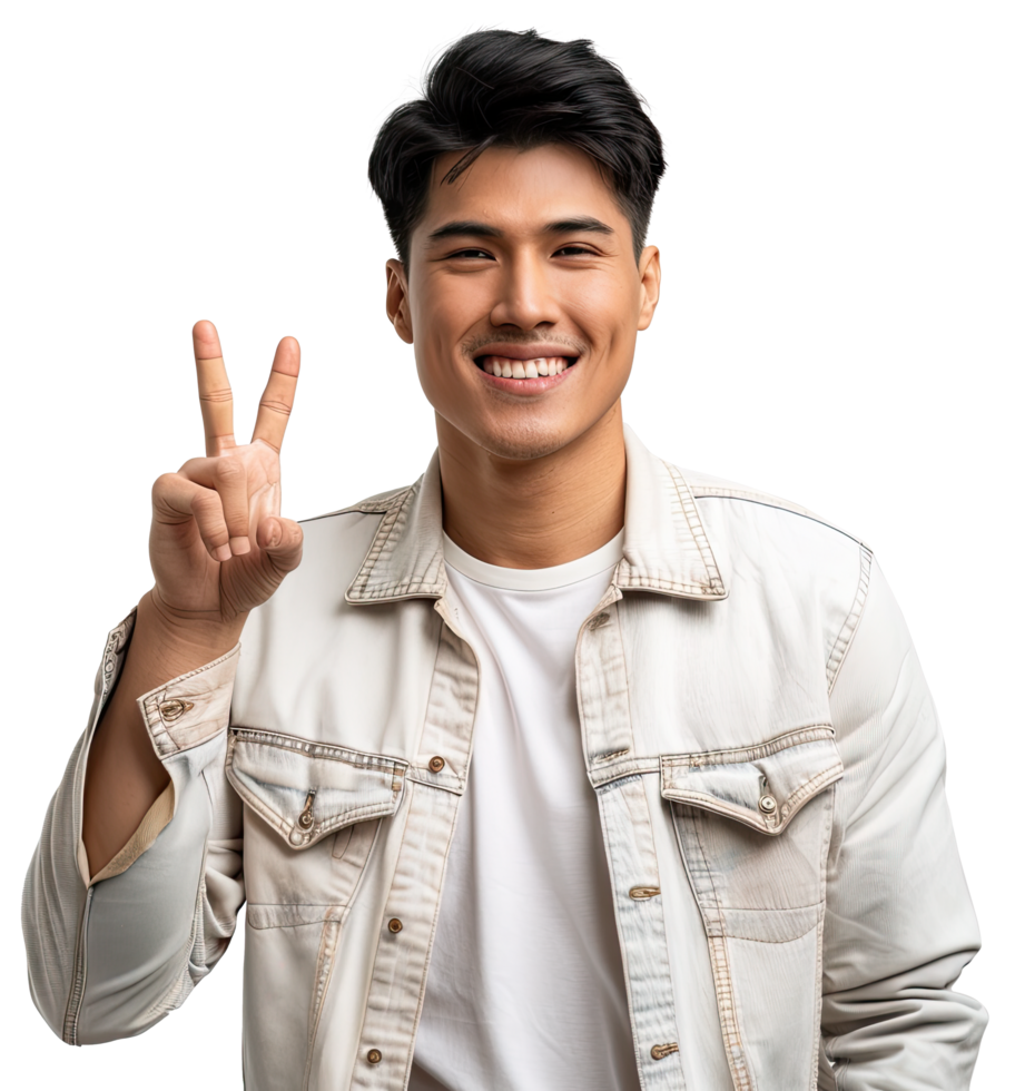 asian man showing peace sign with his fingers png