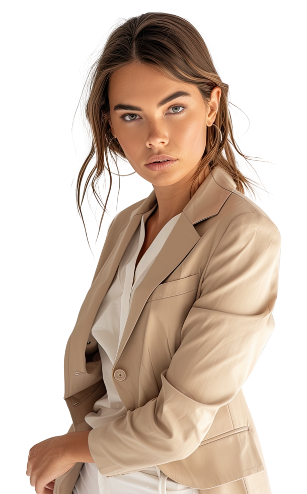 a woman in a tan suit with her hands on her hips png
