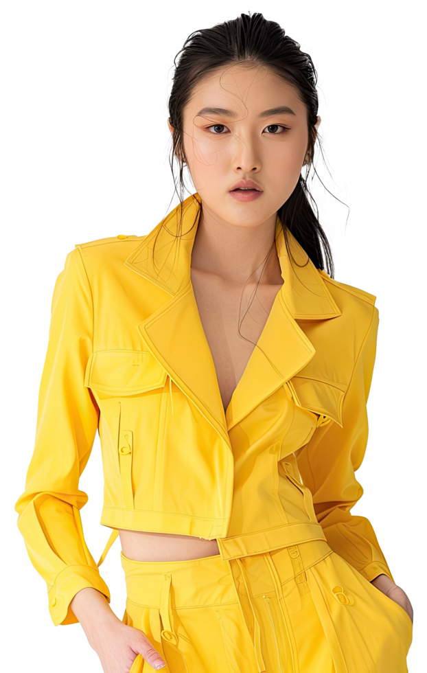 Asian model young woman yellow jacket png