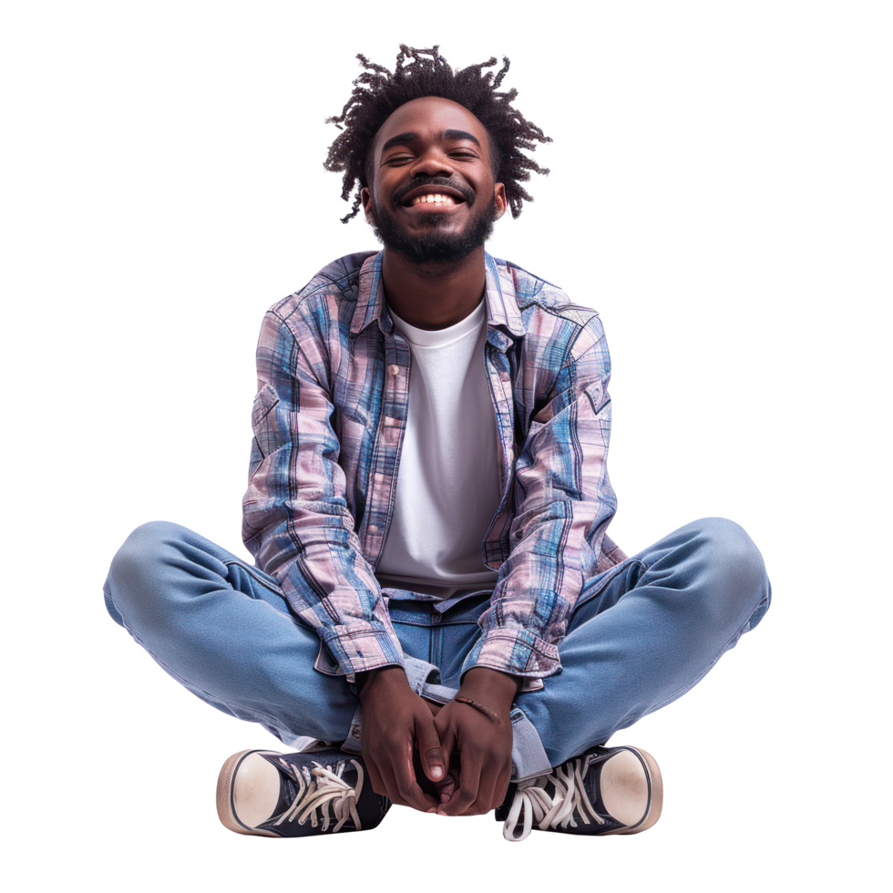 A smiling black man sitting on the floor png