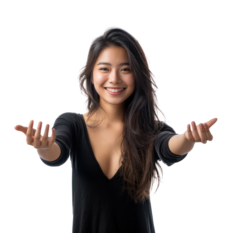 A woman is holding her hands out in front of her png