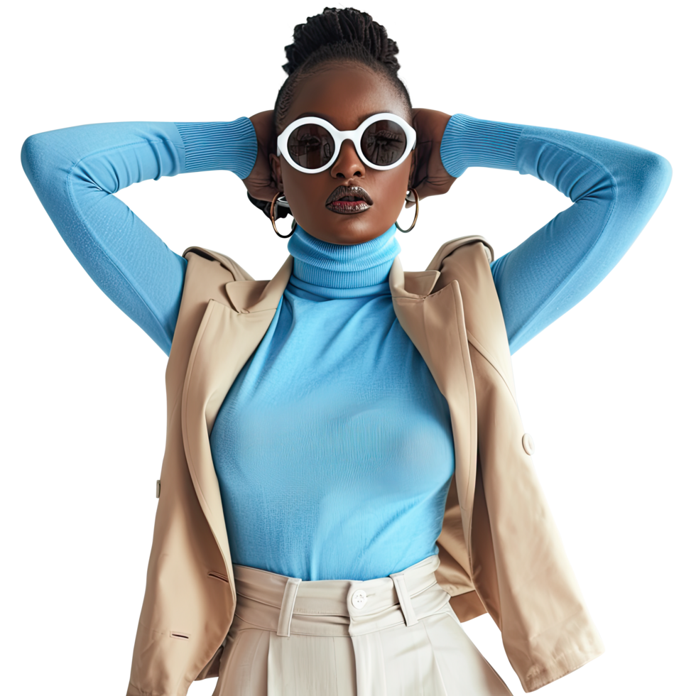 a woman in sunglasses and a blue top png