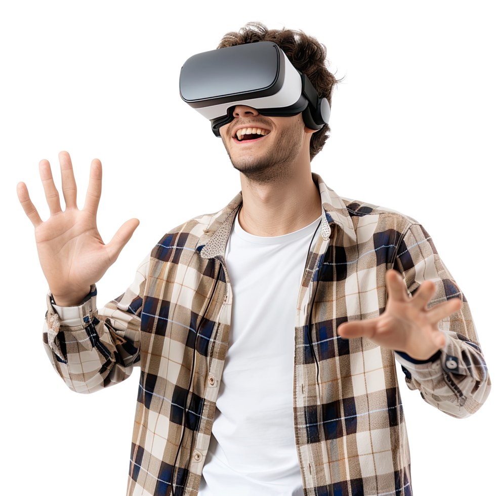 Young man wearing a virtual reality headset png