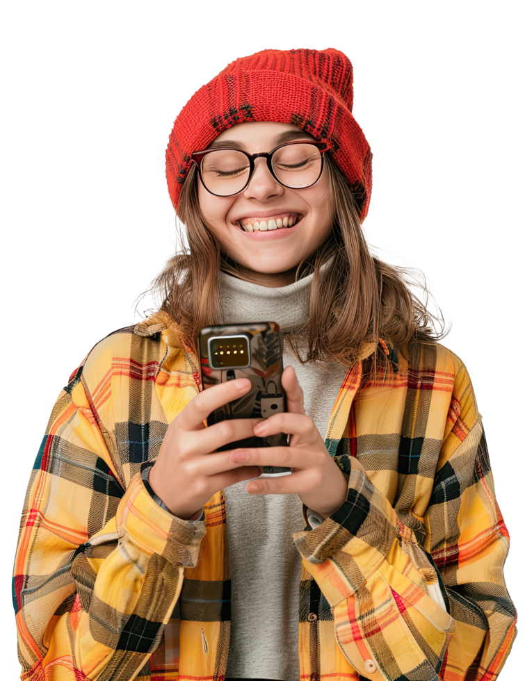 a girl in a red hat and glasses holding a smart phone png
