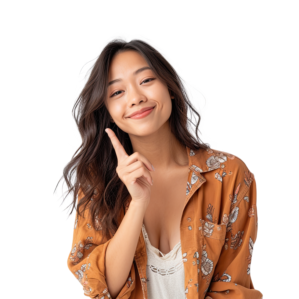 A woman in a brown shirt is holding up her finger png