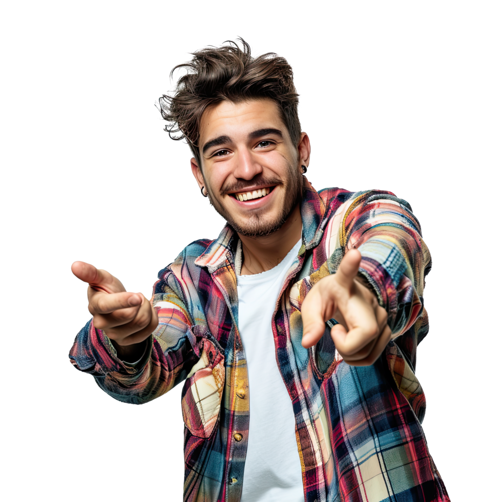 A man in a plaid shirt is pointing at something png