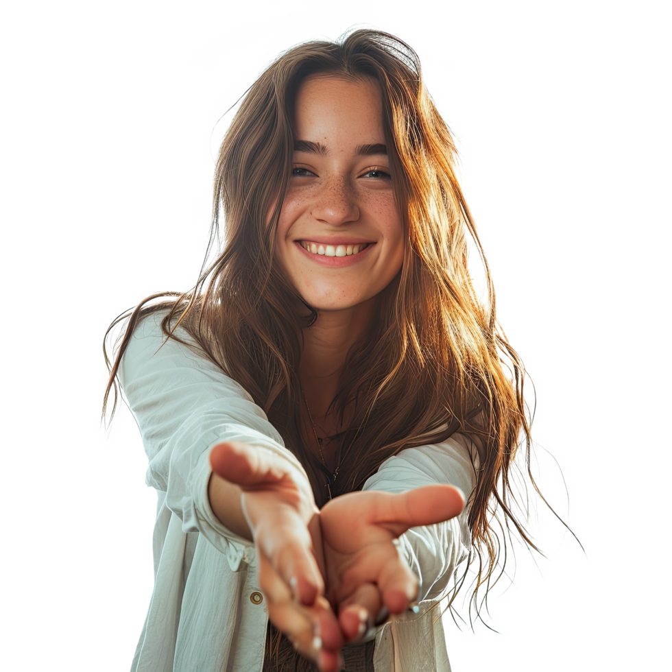 A woman is smiling and holding her hands out png