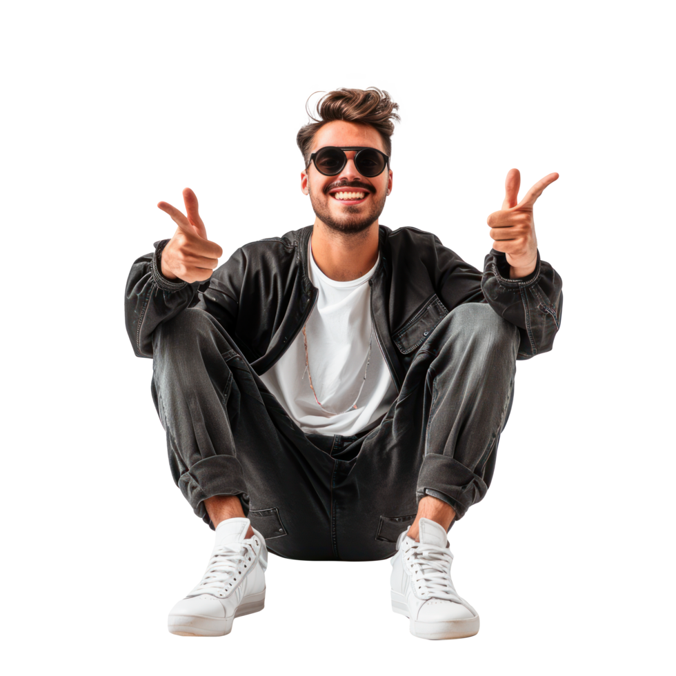 A man in sunglasses and a black jacket sitting on the ground png