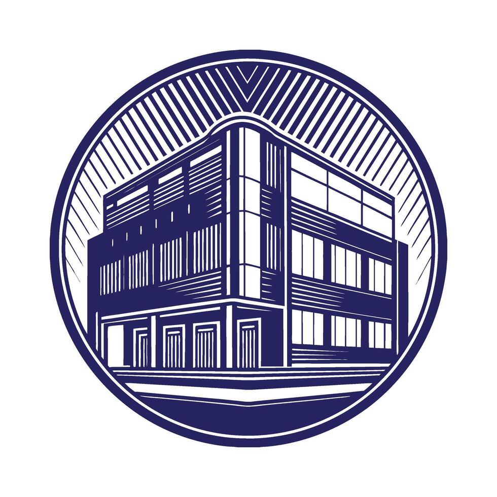 a building in a circle with a blue background vector