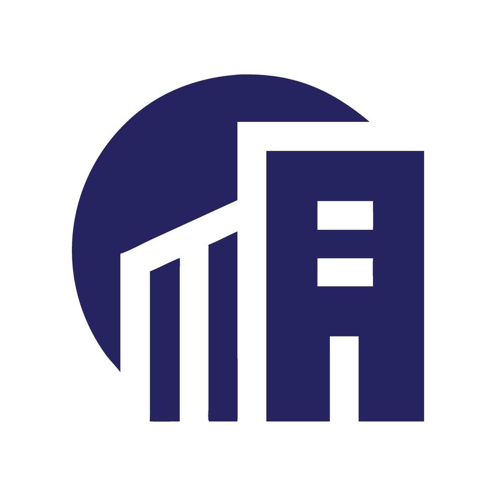 a blue and white logo with a building vector