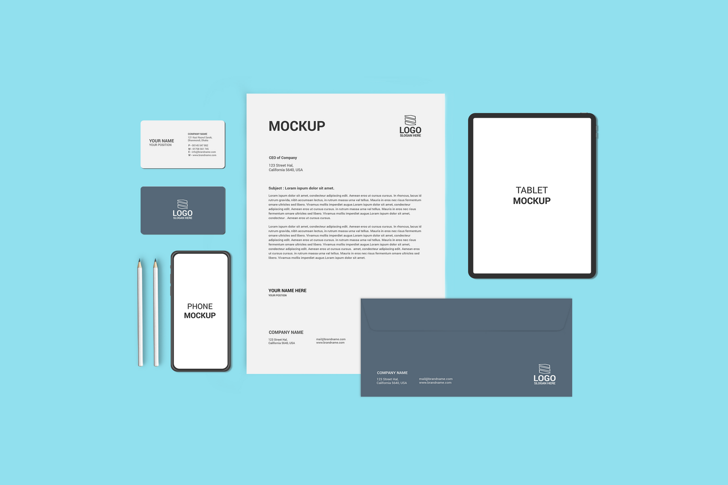 Stationary Mockup Template With Tab and Phone psd