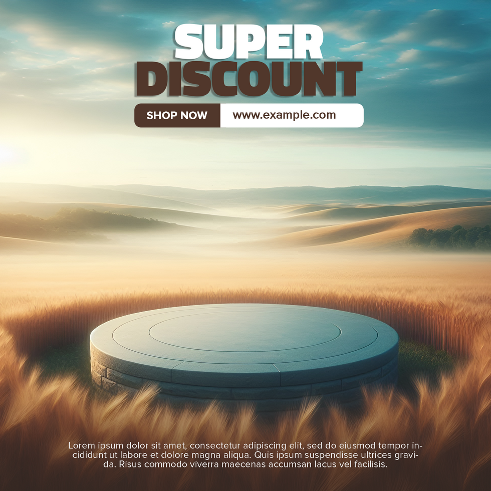 Super discount banner with wheat field and stone podium psd