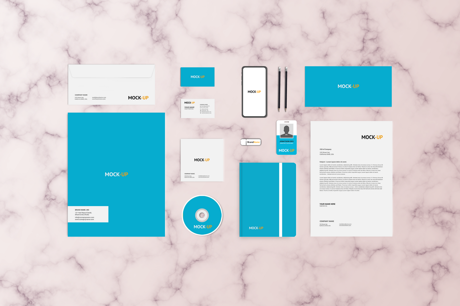 Blue Stationary Mockup Template Set with Background psd