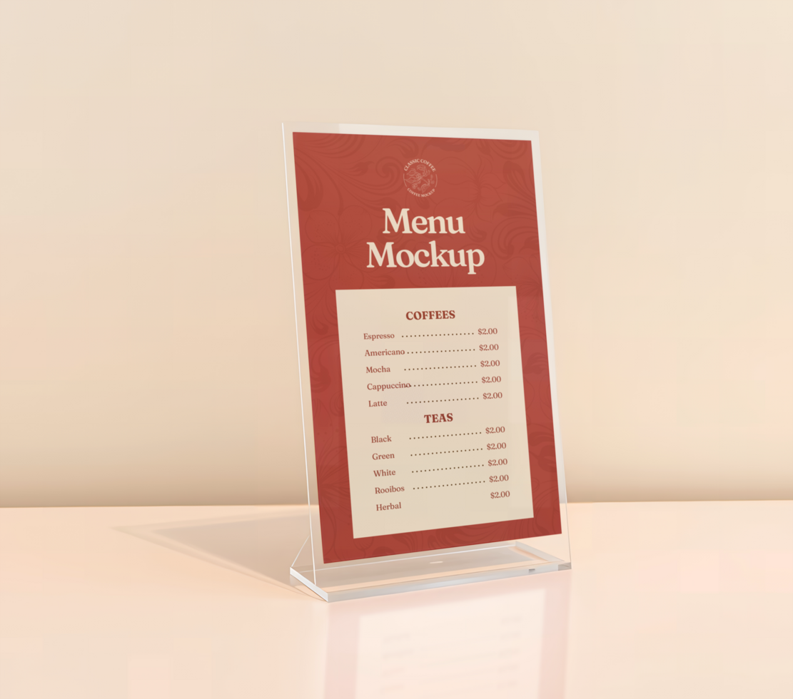 A menu mockup on a table with a white background psd