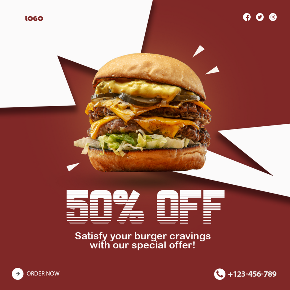 Burger sale 50 off offer on red background psd