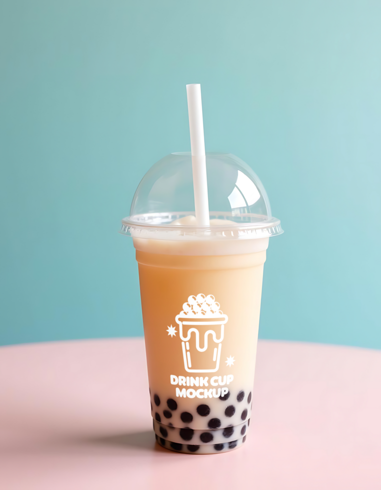A creamy boba tea with tapioca pearls sits in a clear plastic cup with a straw psd