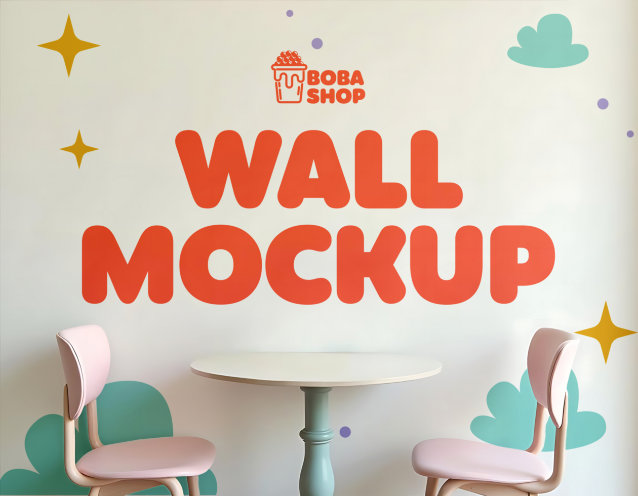A boba shop wall mockup featuring two pink chairs and a small table psd