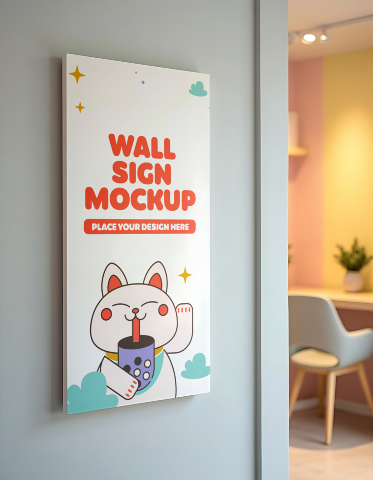 A wall sign mockup featuring a cartoon cat enjoying boba tea psd