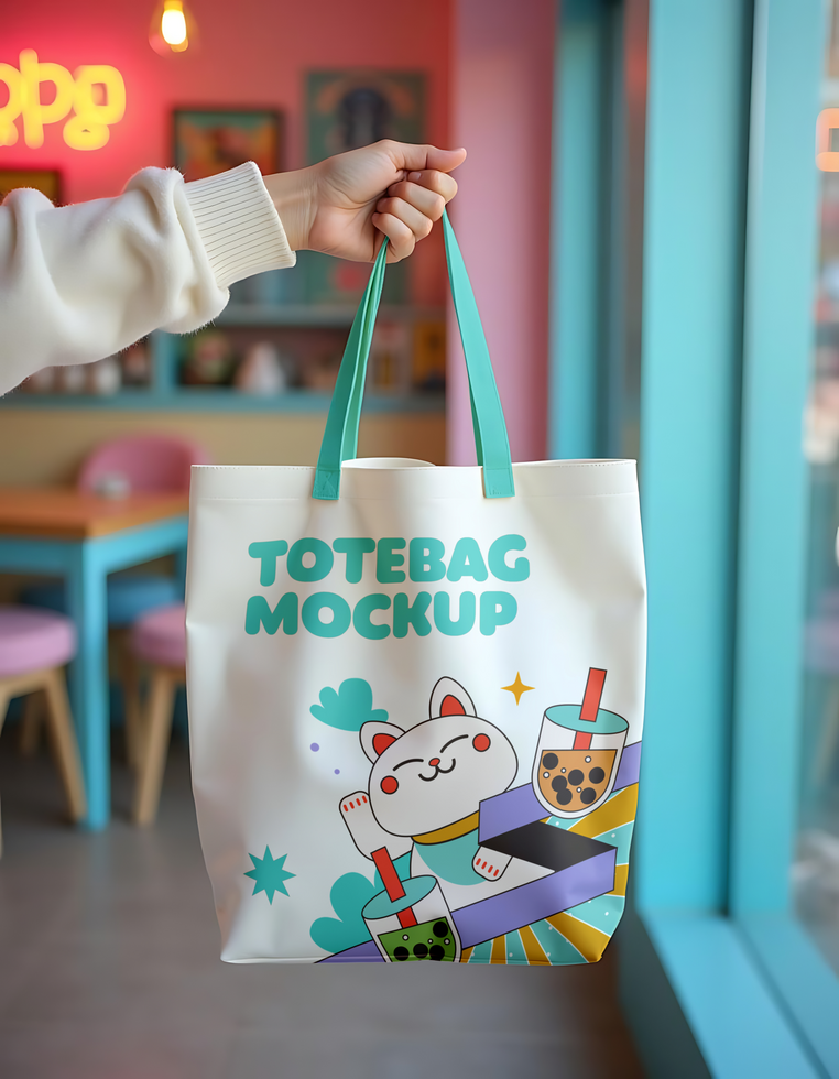 A hand holds a tote bag mockup featuring a cute cartoon cat and boba tea psd