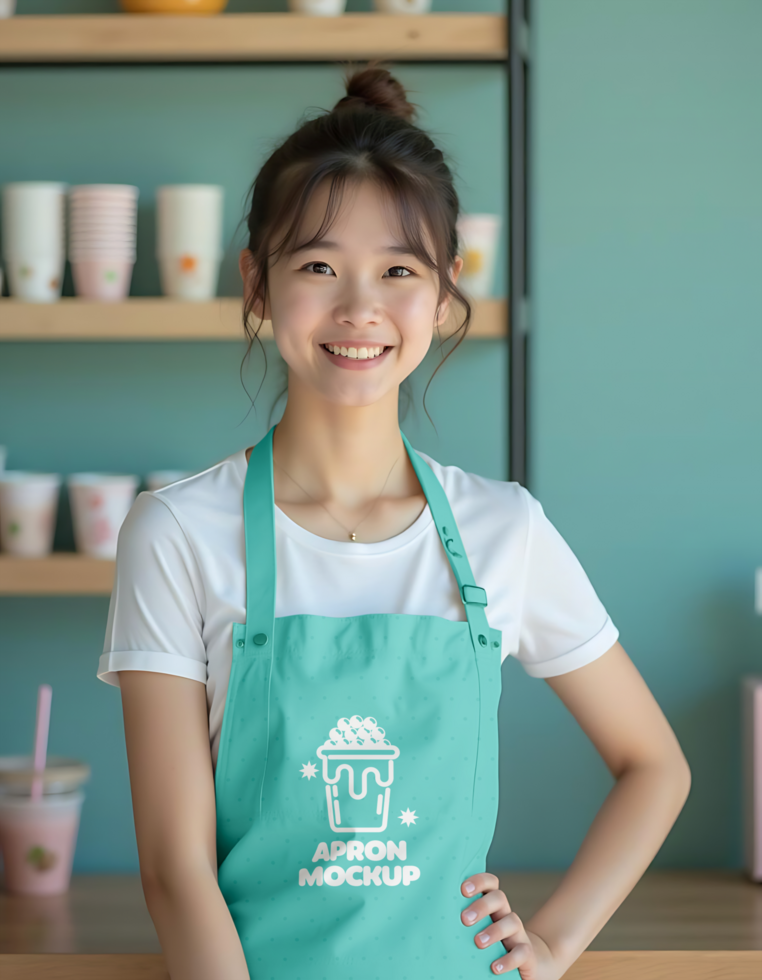 A smiling young woman in a teal apron stands ready to serve psd