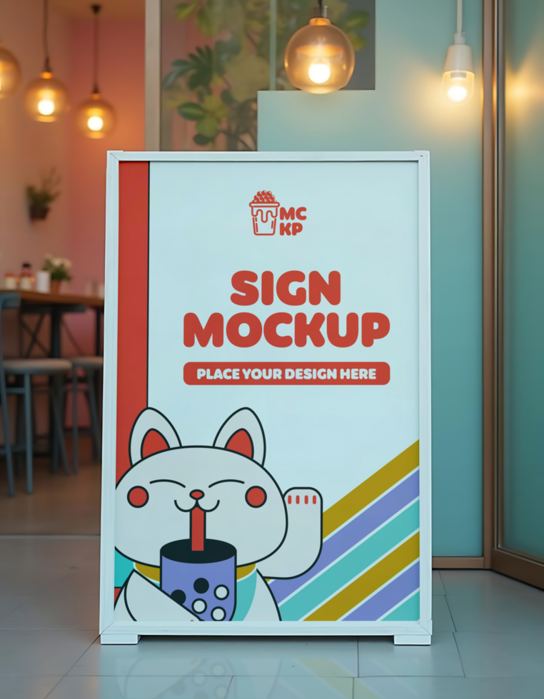 A sign mockup featuring a cute cartoon cat enjoying a boba tea psd