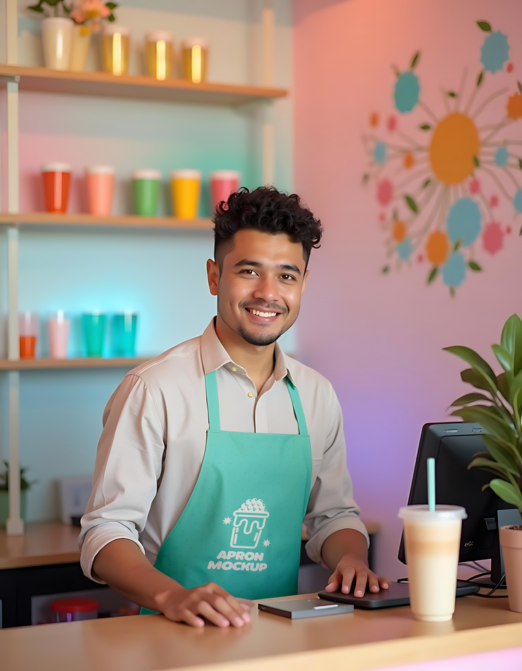 A young man smiles warmly while standing behind a counter wearing a teal apron psd