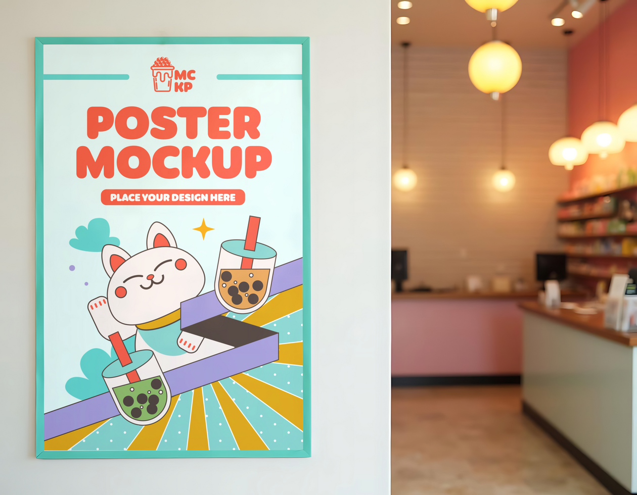 A poster mockup featuring a cute cat and boba tea ready for your design psd
