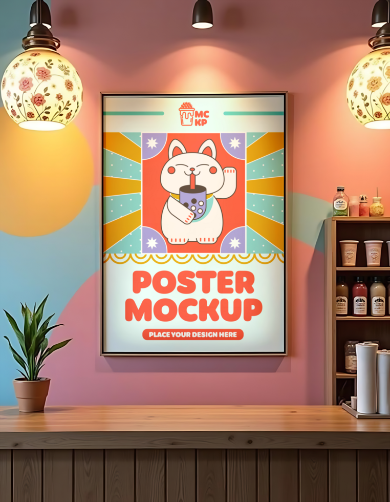 A poster mockup featuring a Maneki neko cat holding a boba tea psd