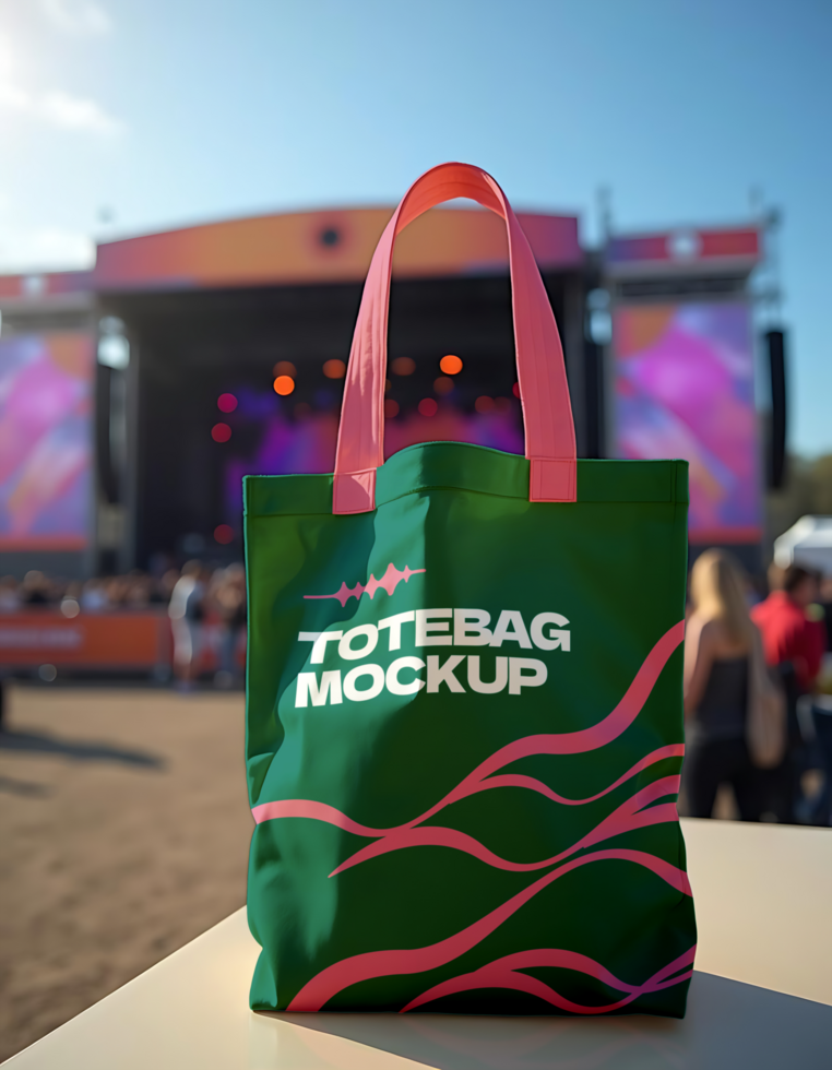 A green tote bag with pink handles and the words totebag mockup sits on a table in front of a blurred outdoor concert stage psd