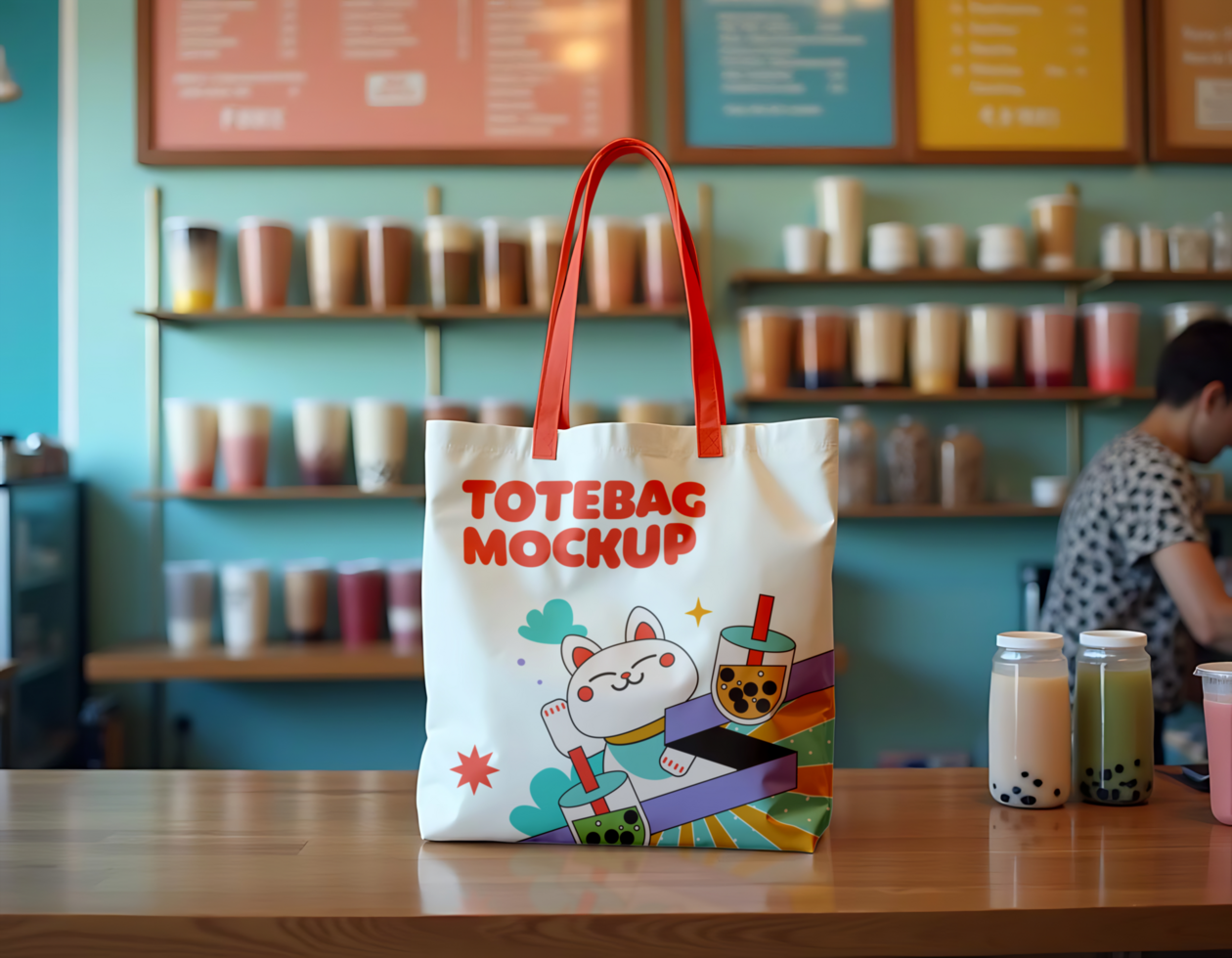 A tote bag mockup featuring a cute cartoon cat and boba tea sits on a counter in a boba shop psd