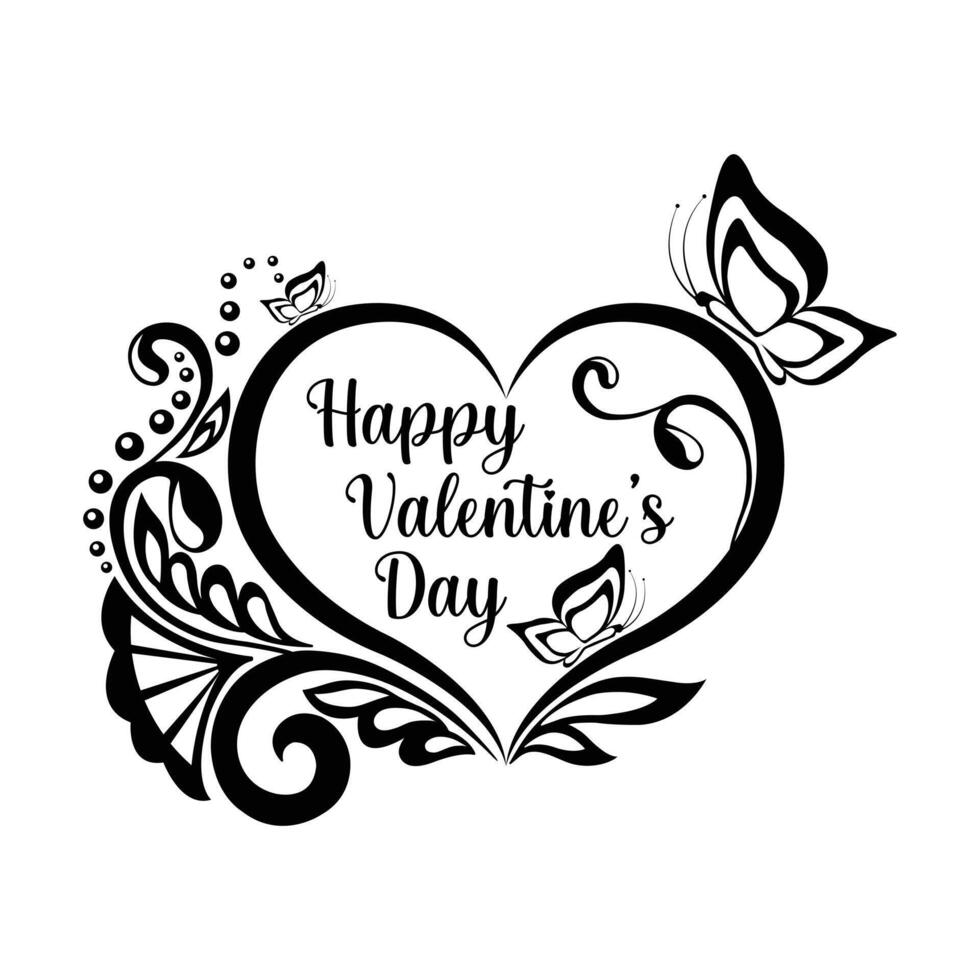 Valentine's Heart Design Beautiful Heart with Floral Ornaments and Beautiful Butterfly vector