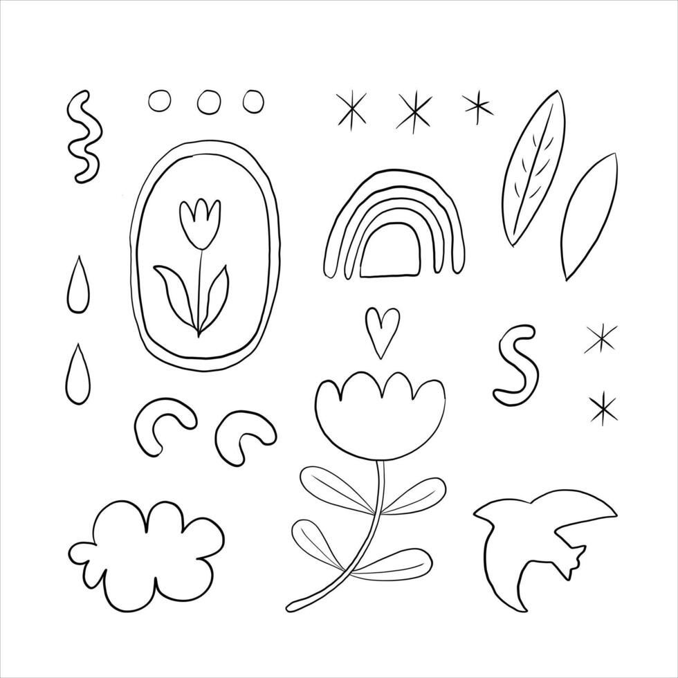 Set of abstract graphic elements, hand drawn illustration. Imitation ink, pen. Black and white isolated elements for decoration. Flowers, bird, cloud, drops vector