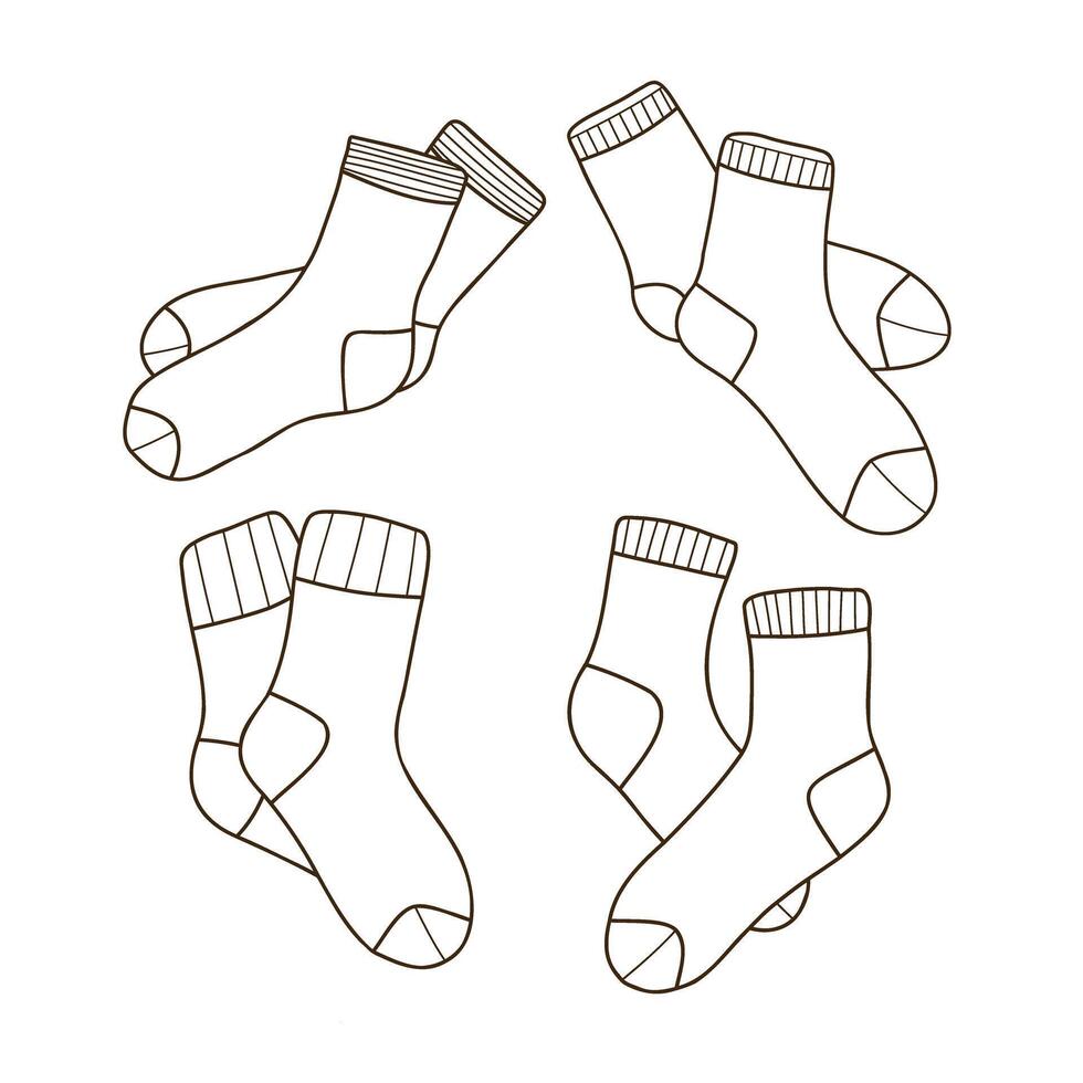Set of hand drawn illustrations of warm socks. Knitted wool clothing. Outlines of elements of winter clothing. vector