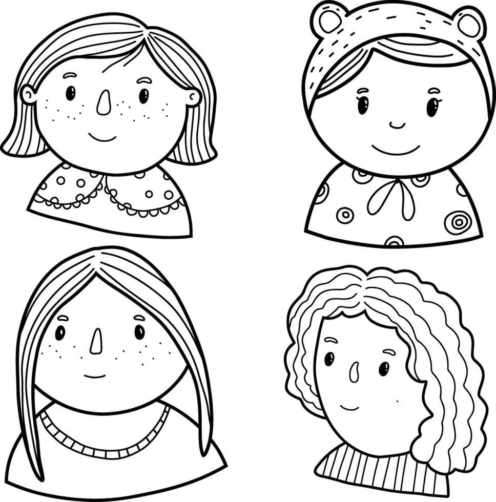 Set of icons of girls, teenagers. Female face of different types of thin line signs. Icon set includes user avatar, portrait or human head. vector