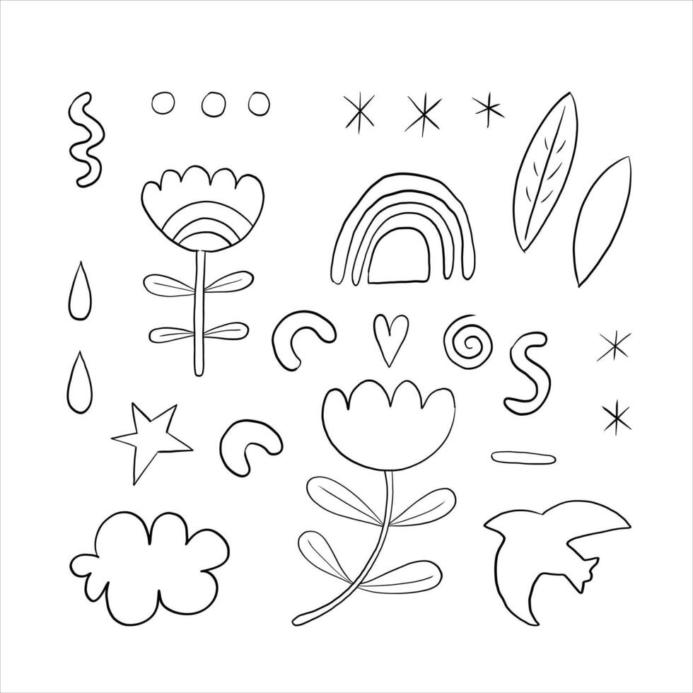 Set of abstract graphic elements, hand drawn illustration. Imitation ink, pen. Black and white isolated elements for decoration. Flowers, bird, cloud, drops, leaves, heart vector