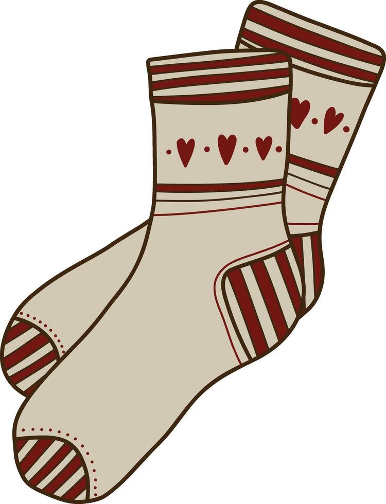 Cozy warm red and beige socks doodle clipart. Illustration in trendy doodle style isolated on white background. Clothing for winter, New Year and Christmas design. Exclusive design element, badge vector