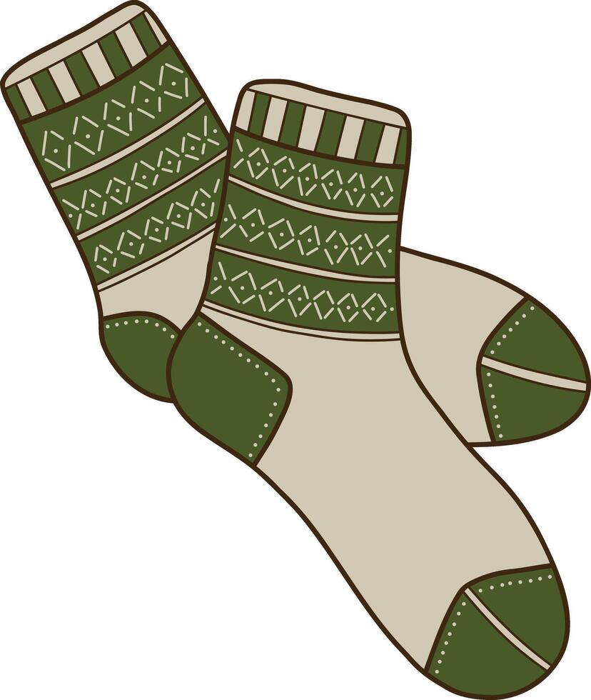 Cozy warm green socks doodle clipart. Illustration in trendy doodle style isolated on white background. Clothing for winter, New Year and Christmas design. Exclusive design element, badge, badge vector