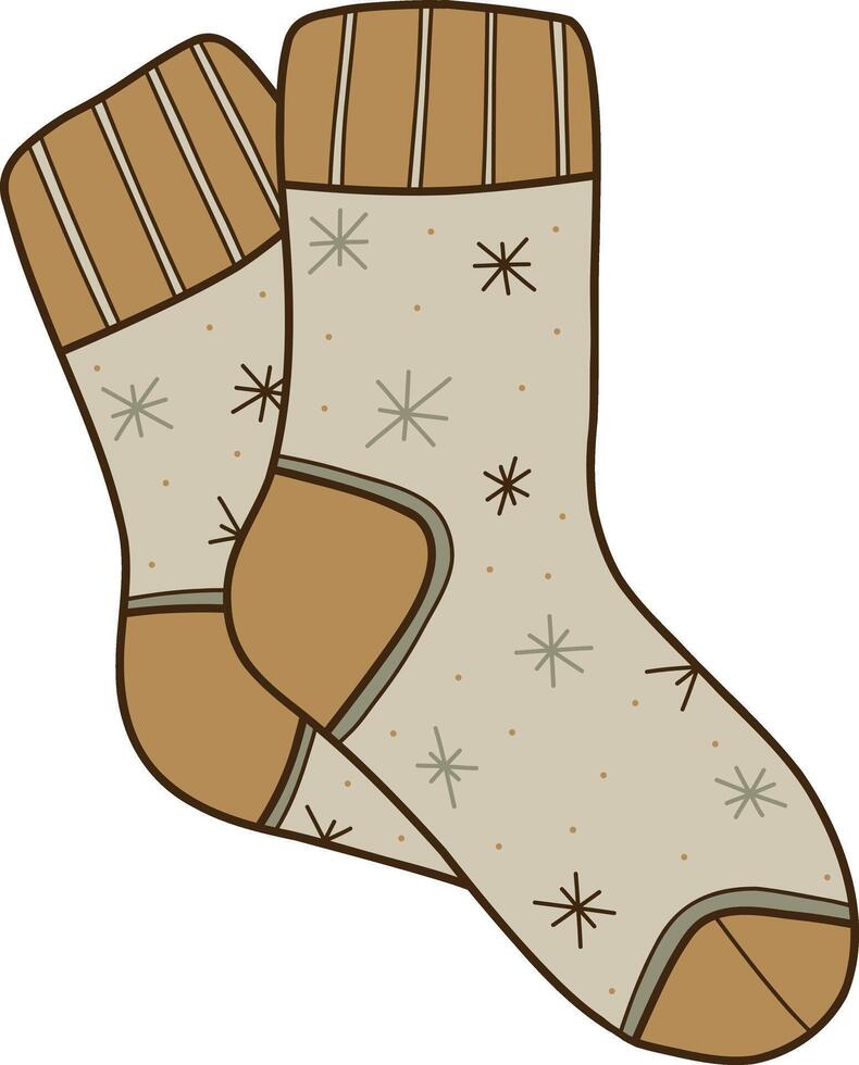 Cozy warm brown socks doodle clipart. Illustration in trendy doodle style isolated on white background. Clothing for winter, New Year and Christmas design. Exclusive design element, badge vector