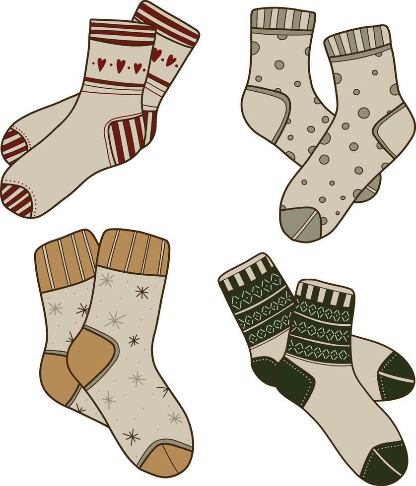 Set of cozy warm socks doodle clipart. Illustration in trendy doodle style isolated on white background. Clothing for winter, New Year and Christmas design. Exclusive design element, icon, handmade. vector