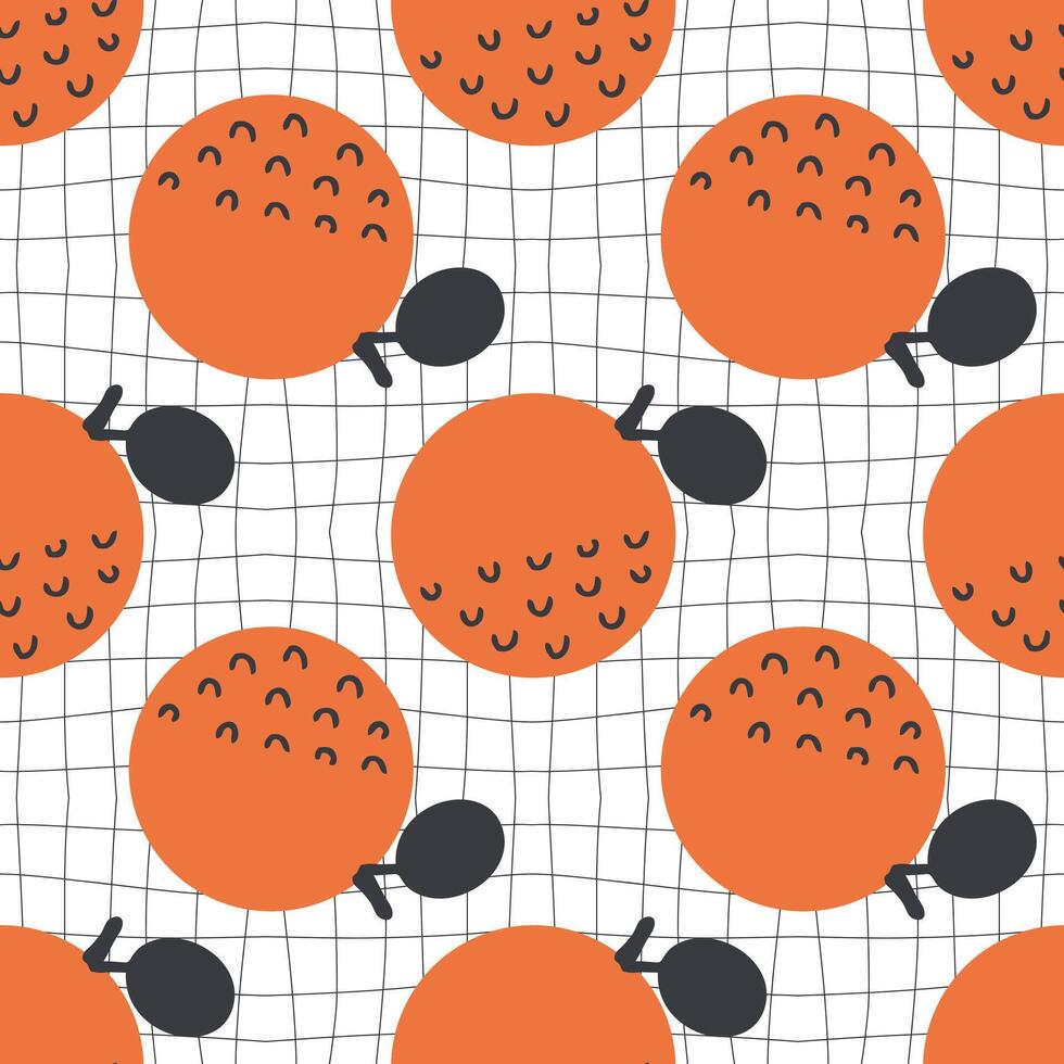 Groovy style oranges seamless pattern on grid distorted background. Hippie aesthetic print for fabric, paper, textile. Hand drawn geometric illustration. vector