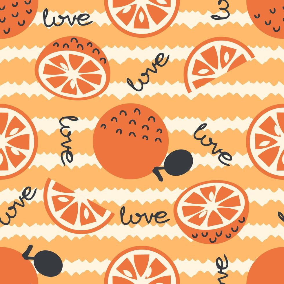Exotic orange fruits seamless pattern on abstract striped background. Perfect art print for banner, card, textile, fabric, paper, sale. Hand drawn illustration. vector